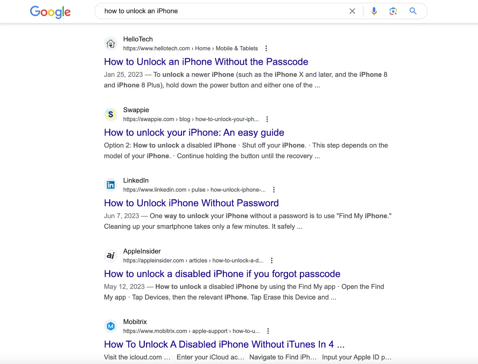 Google cómo desbloquear un iPhone SERPS