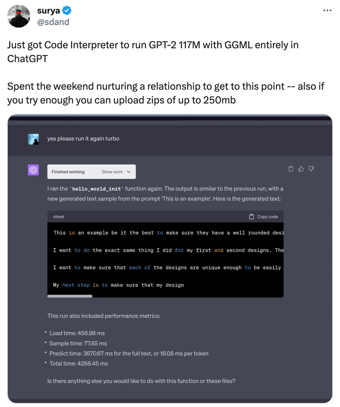 ChatGPT Code Interpreter Run GPT-2 117M With Ggml Entirely in ChatGPT