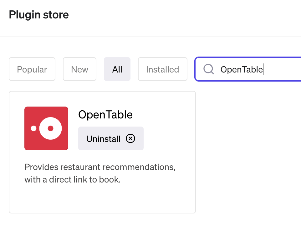 ChatGPT Plugin Store Open Table