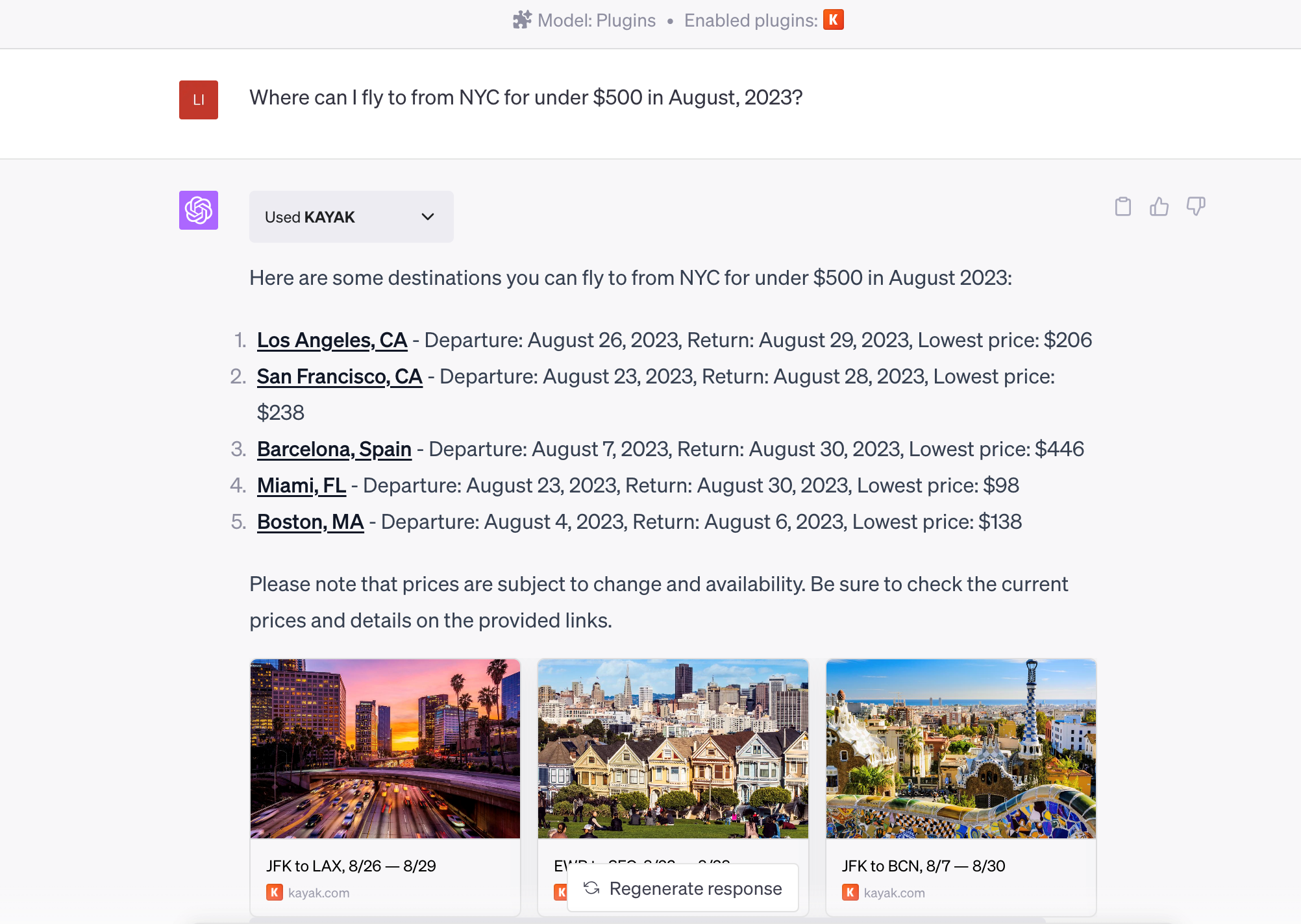 Chatgpt Plugins Kayak Suggestions On Flying to From NYC for Under $500 in August 2023