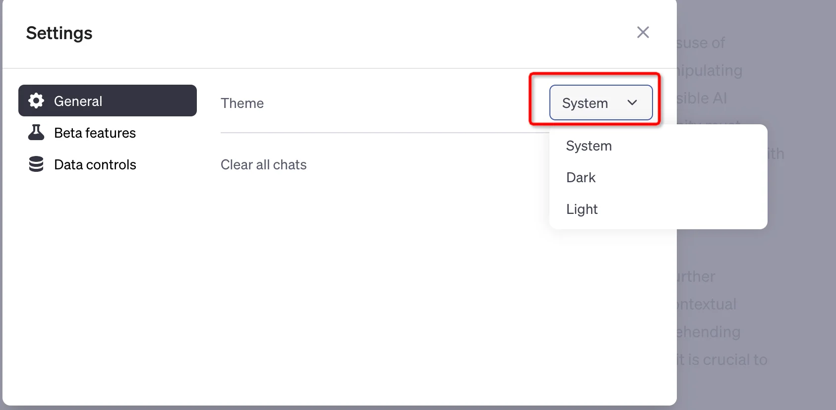 ChatGPT Settings Theme System and Other Options