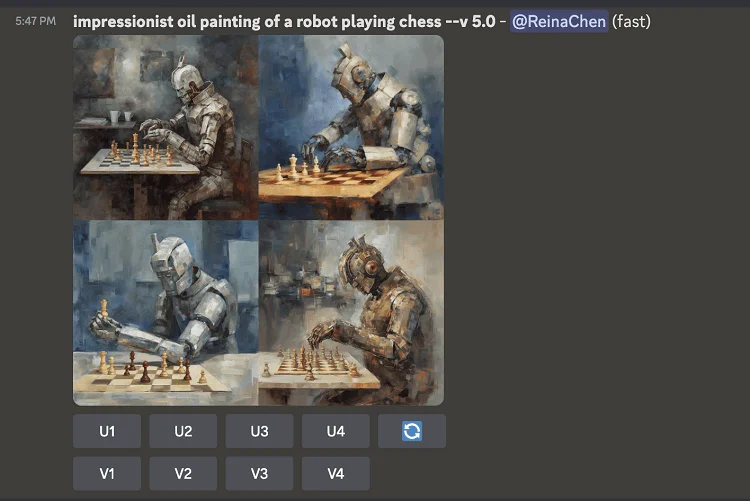 result of  impressionist oil painting of a robot playing chess