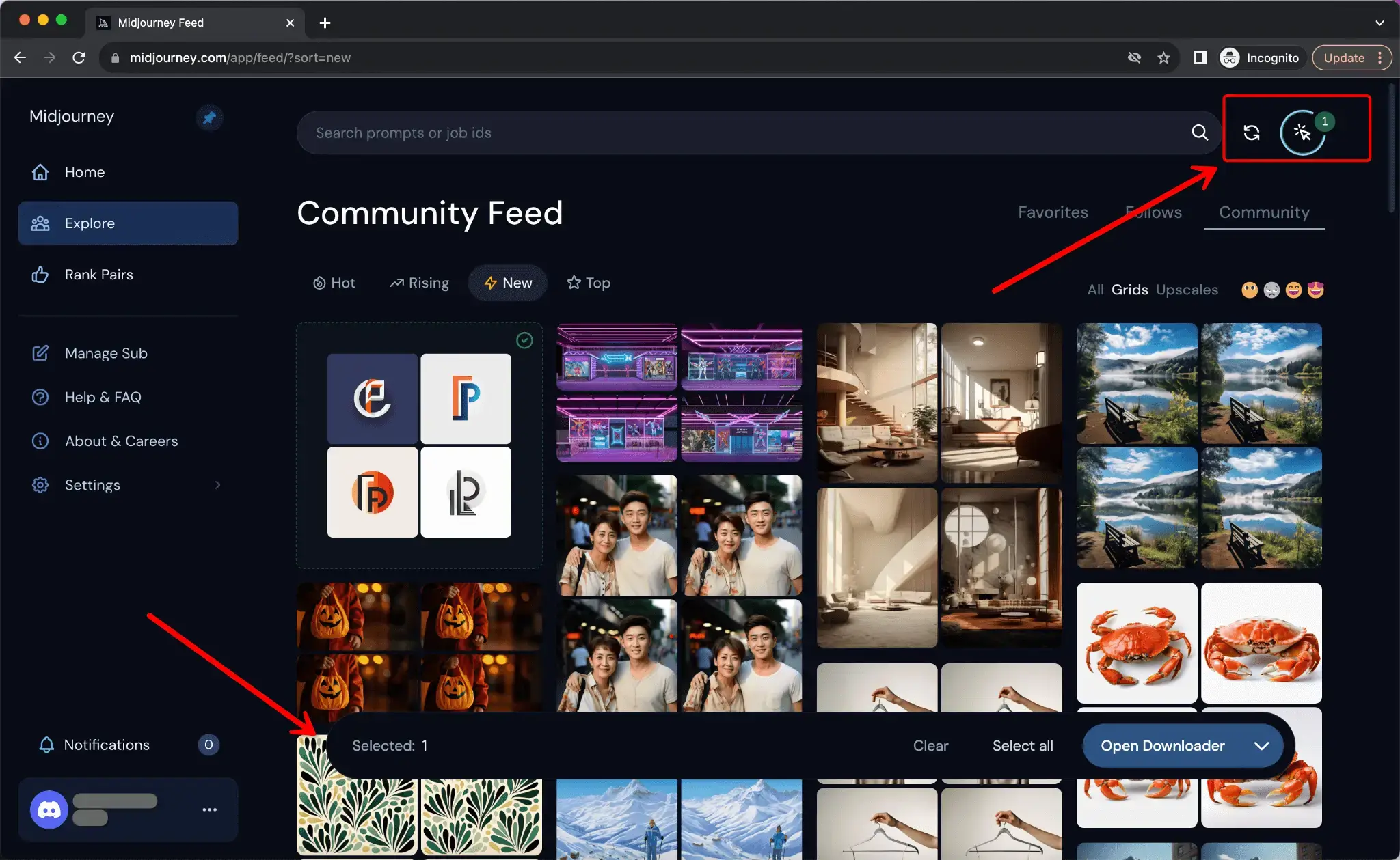 Midjourney Web APP Community Feed Refresh and Download Selected
