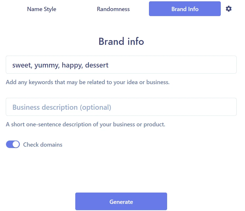 Brand Info Section of Namelix