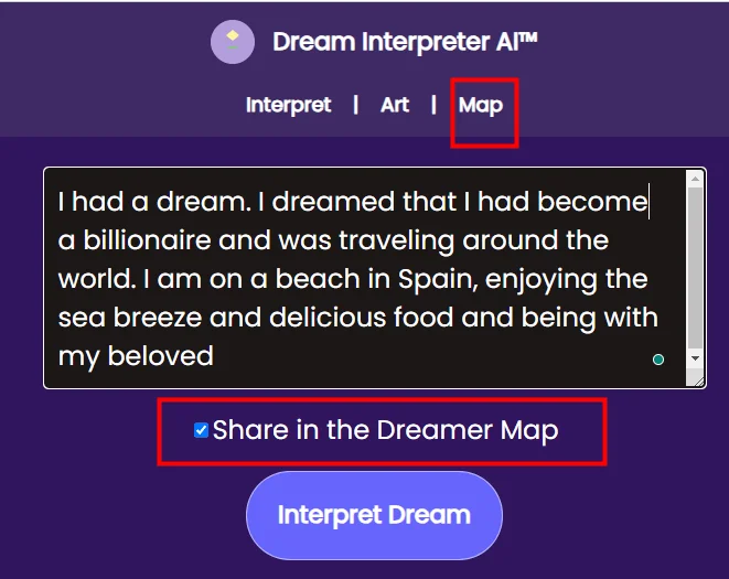 Share your Dream on the Dream Interpreter AI Map