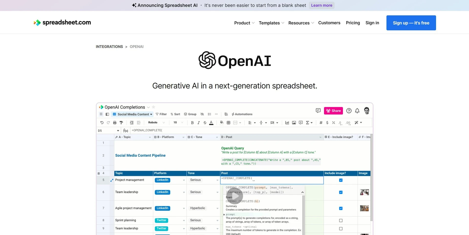 OpenAI in Spreadsheetwebsite picture