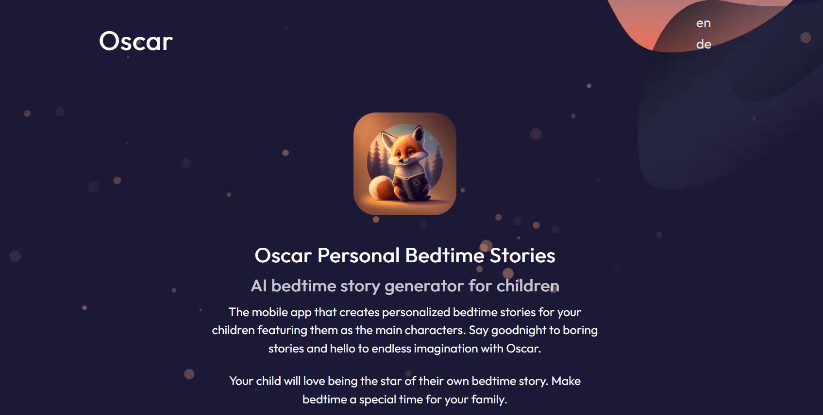 Oscar - bedtime story generatorwebsite picture